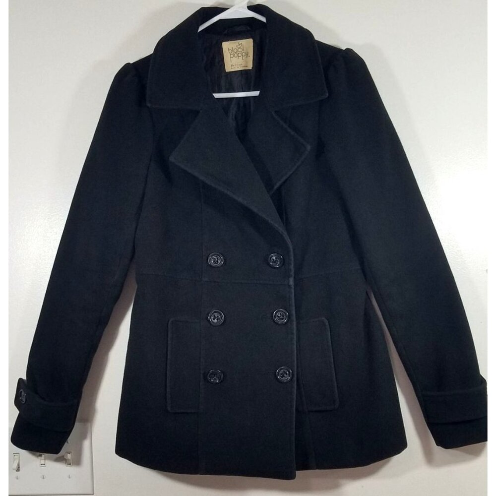 Black Poppy Womens Medium Black Double-Breasted Peacoat
